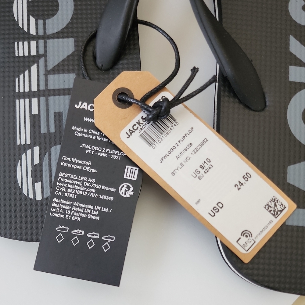 Jack & Jones Charcoal Flip Flops with Bold Logo - Picture 2 of 5